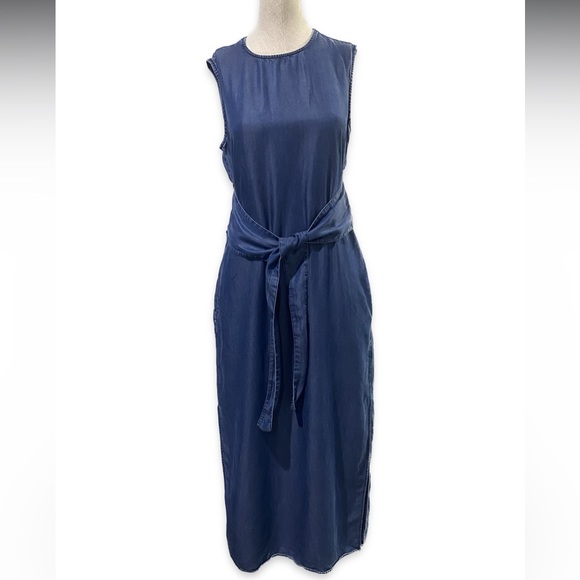 Zara Smocked Waist Maxi Sleeveless Tie Waist Chambray Denim Blue Dress Small - Picture 5 of 10